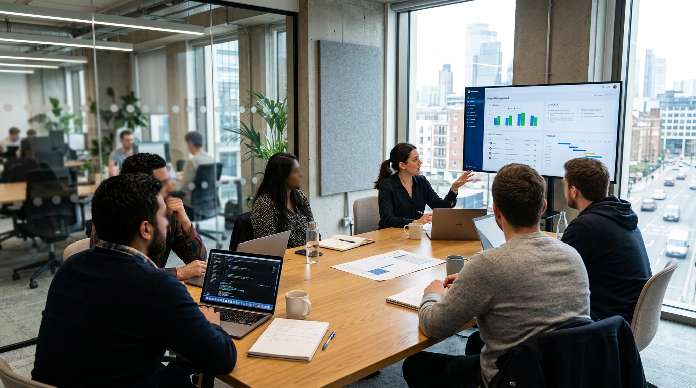 Group of colleagues in a meeting room reviewing data on a large screen