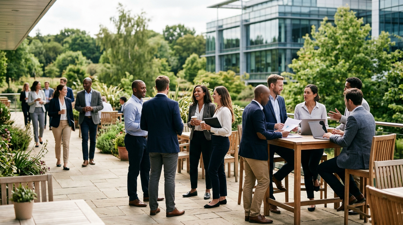 Business professionals networking and collaborating outdoors at a corporate event