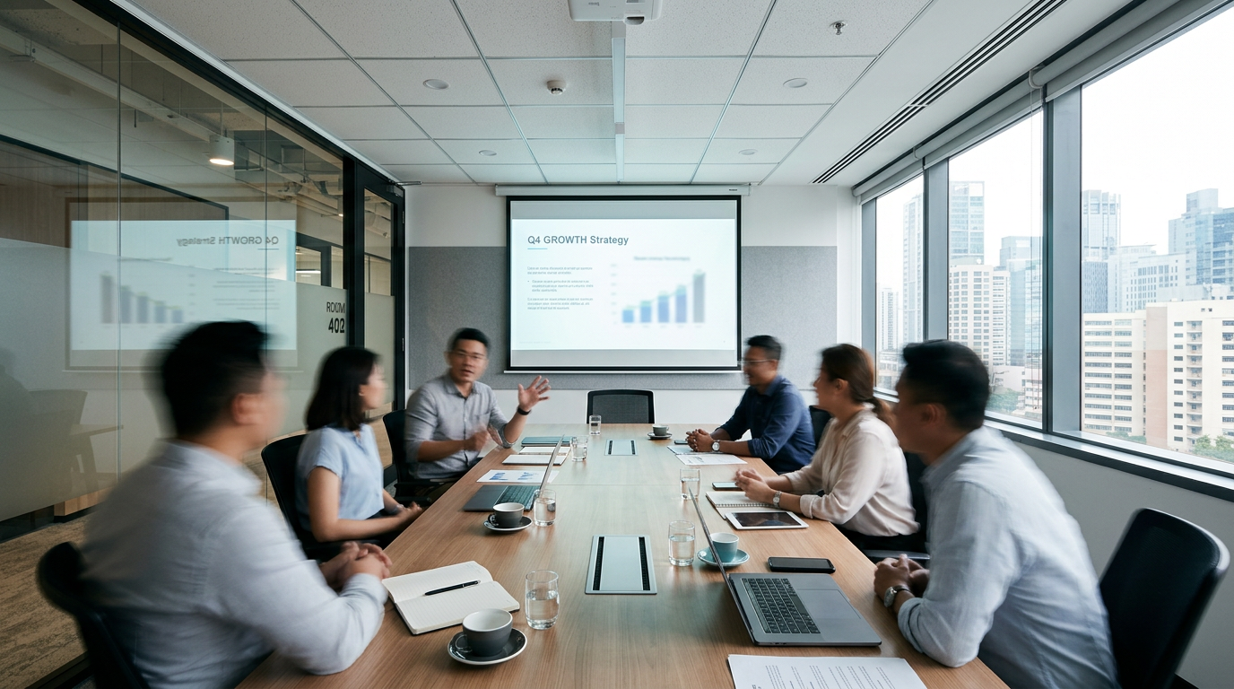 Group of colleagues in a conference room discussing Q4 growth strategy with a presentation