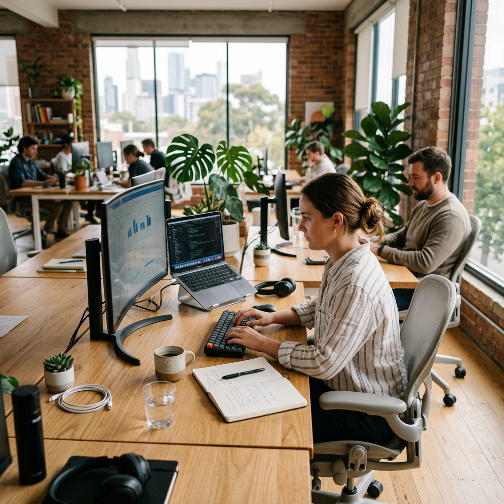 Office workers typing on computers at a long desk with plants and city view