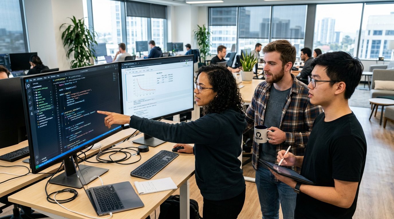 Three coworkers reviewing code together on large monitors in an office
