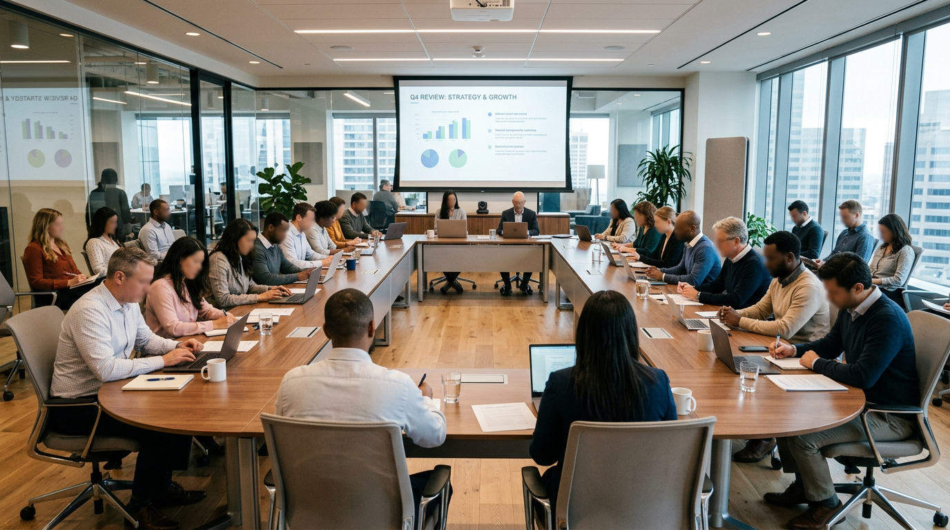 Group of professionals seated around a large U-shaped conference table with laptops and notebooks, watching a presentation titled Q4 Review: Strategy & Growth on a projector screen.