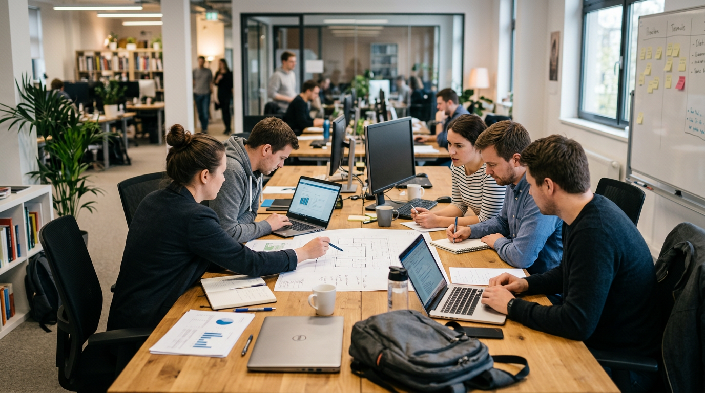 Five people working together on laptops and documents at a long office table