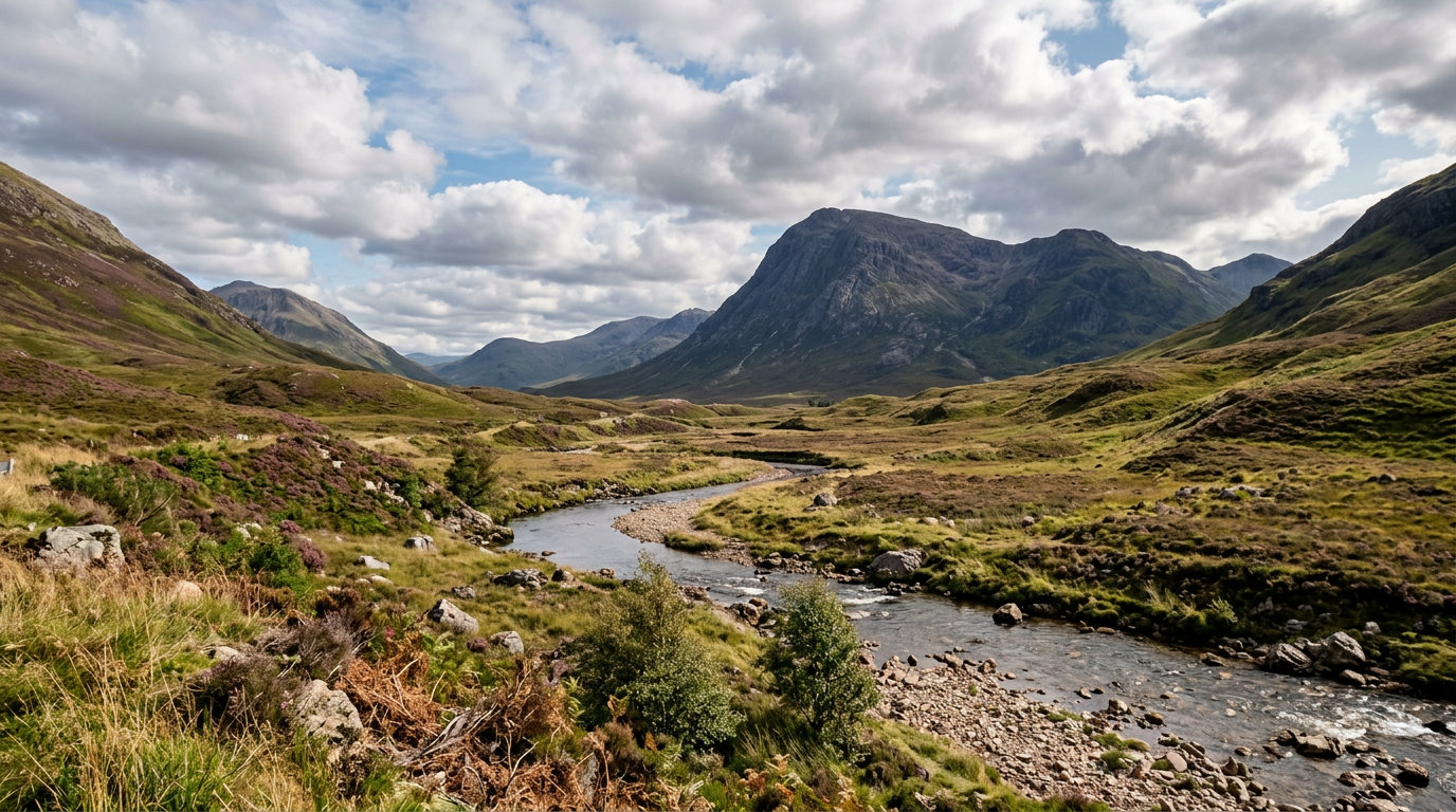 River flowing through green valley with mountains under cloudy sky