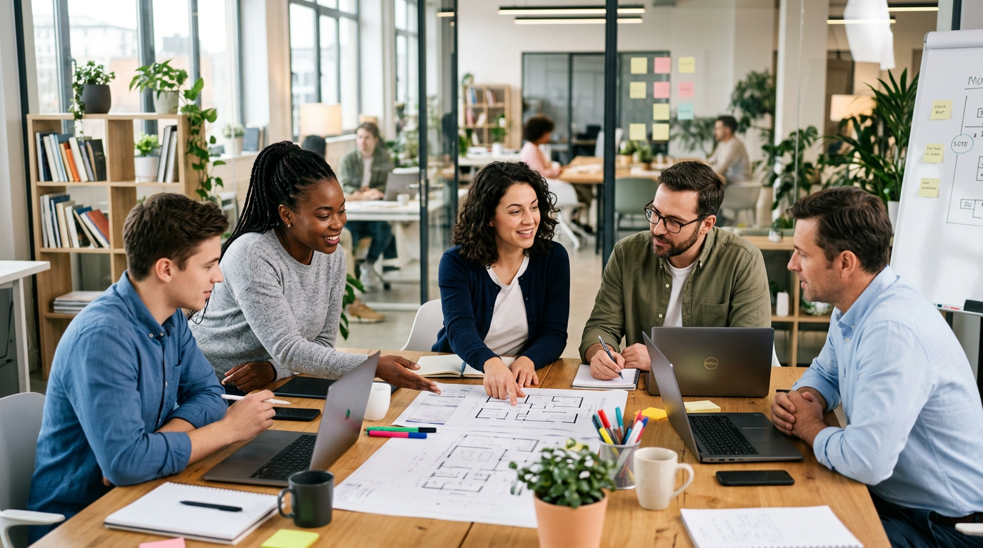 Five coworkers discussing architectural plans and working on laptops in a modern office