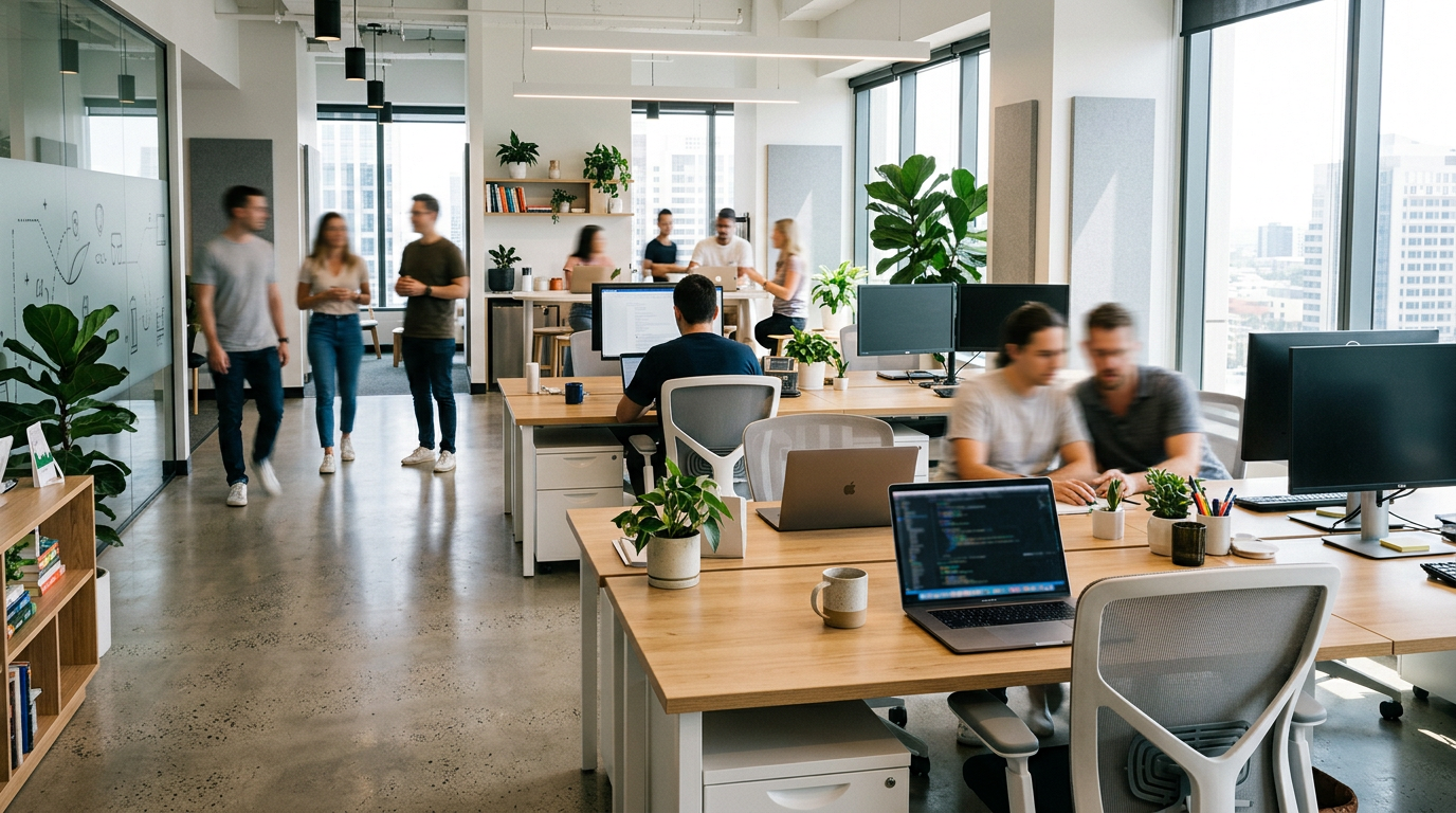 Open modern office with people working and collaborating at desks with computers
