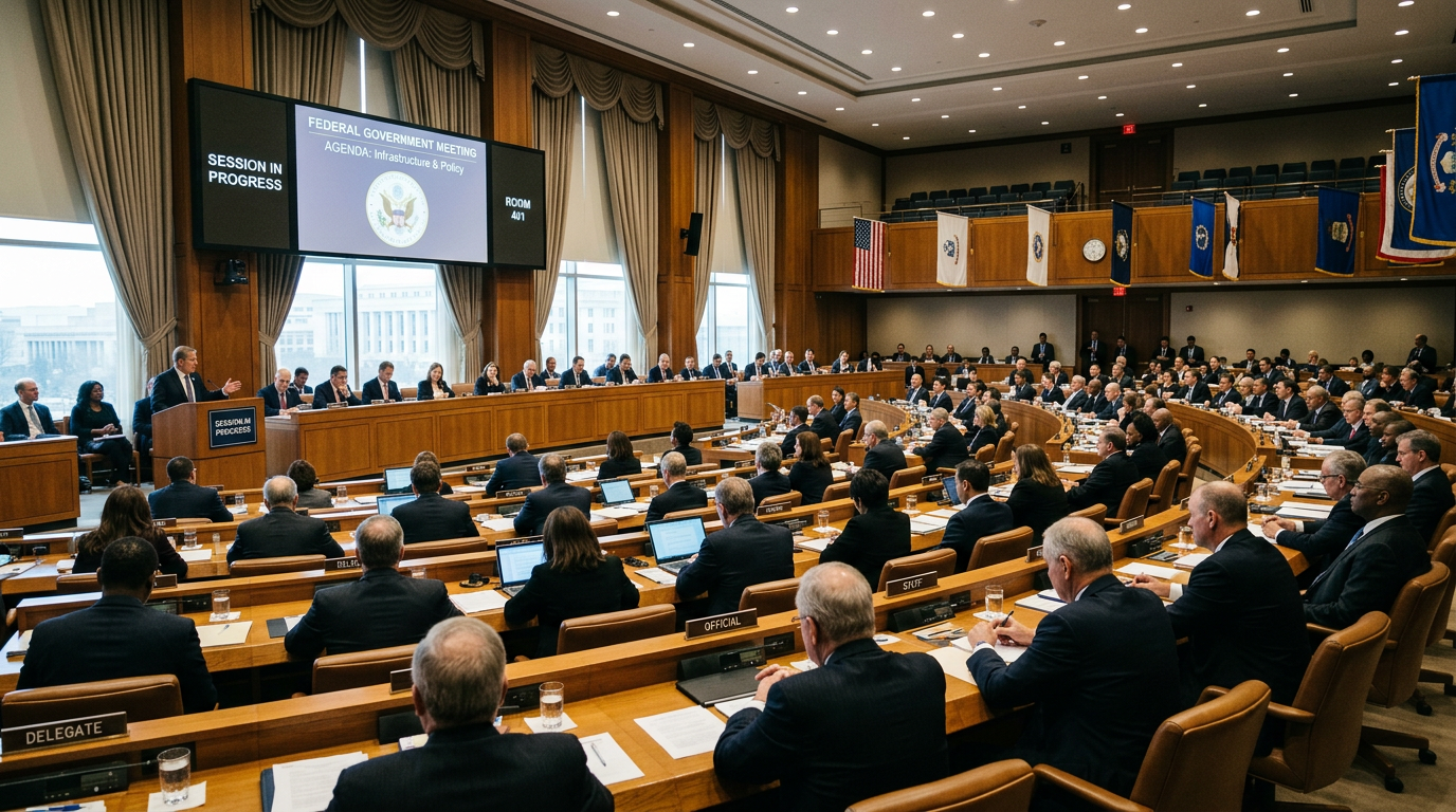 Large federal government meeting in session with officials seated and a speaker at a podium