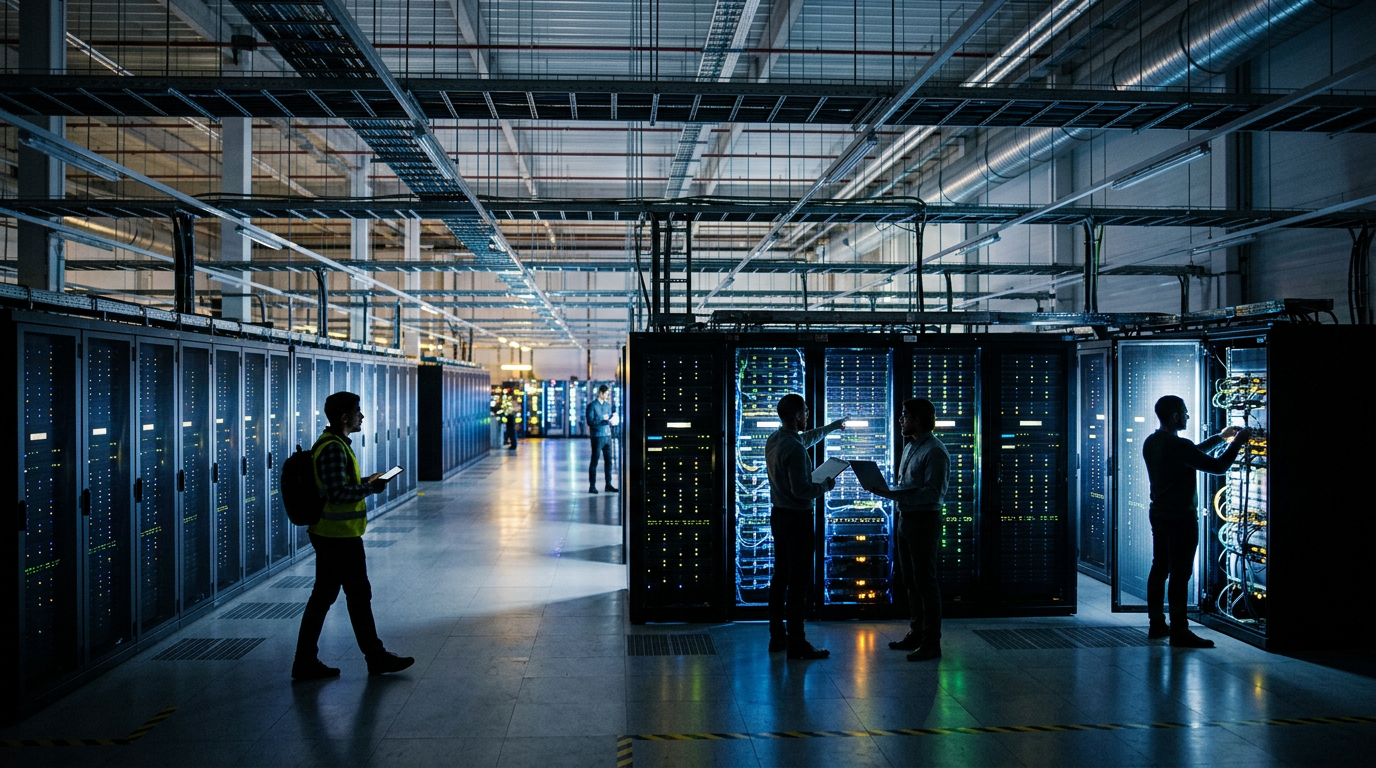 Engineers working on server racks in a data center