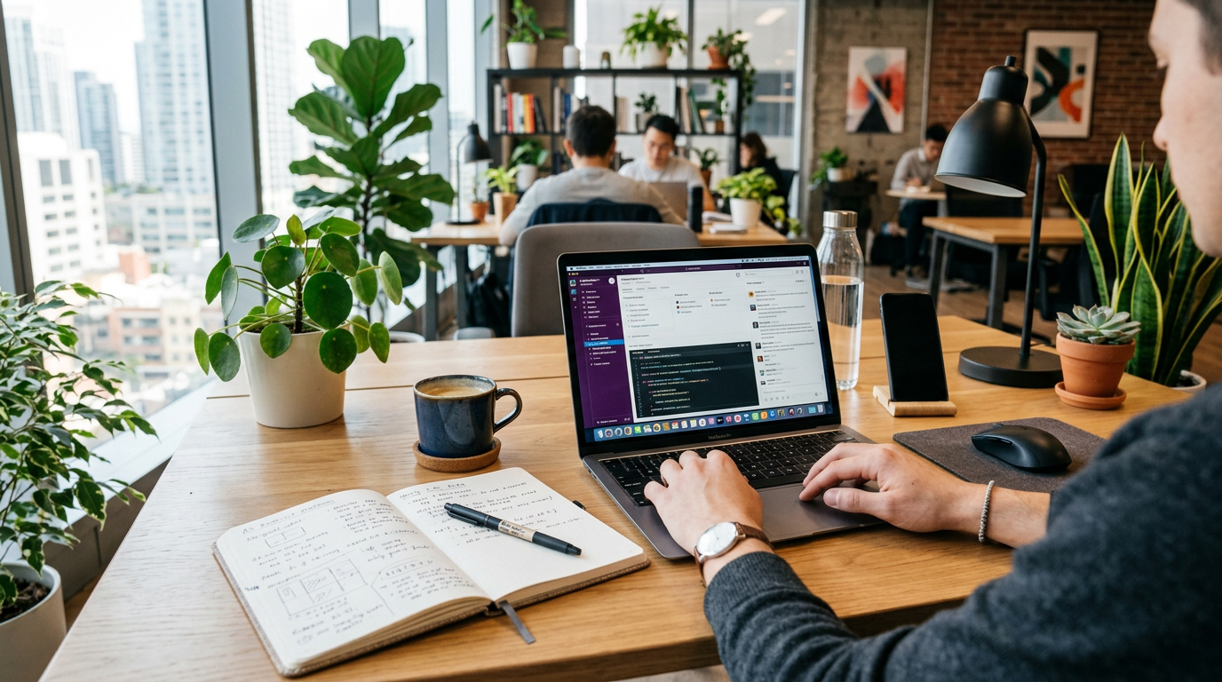 Person using laptop to write code in a bright, plant-filled coworking space