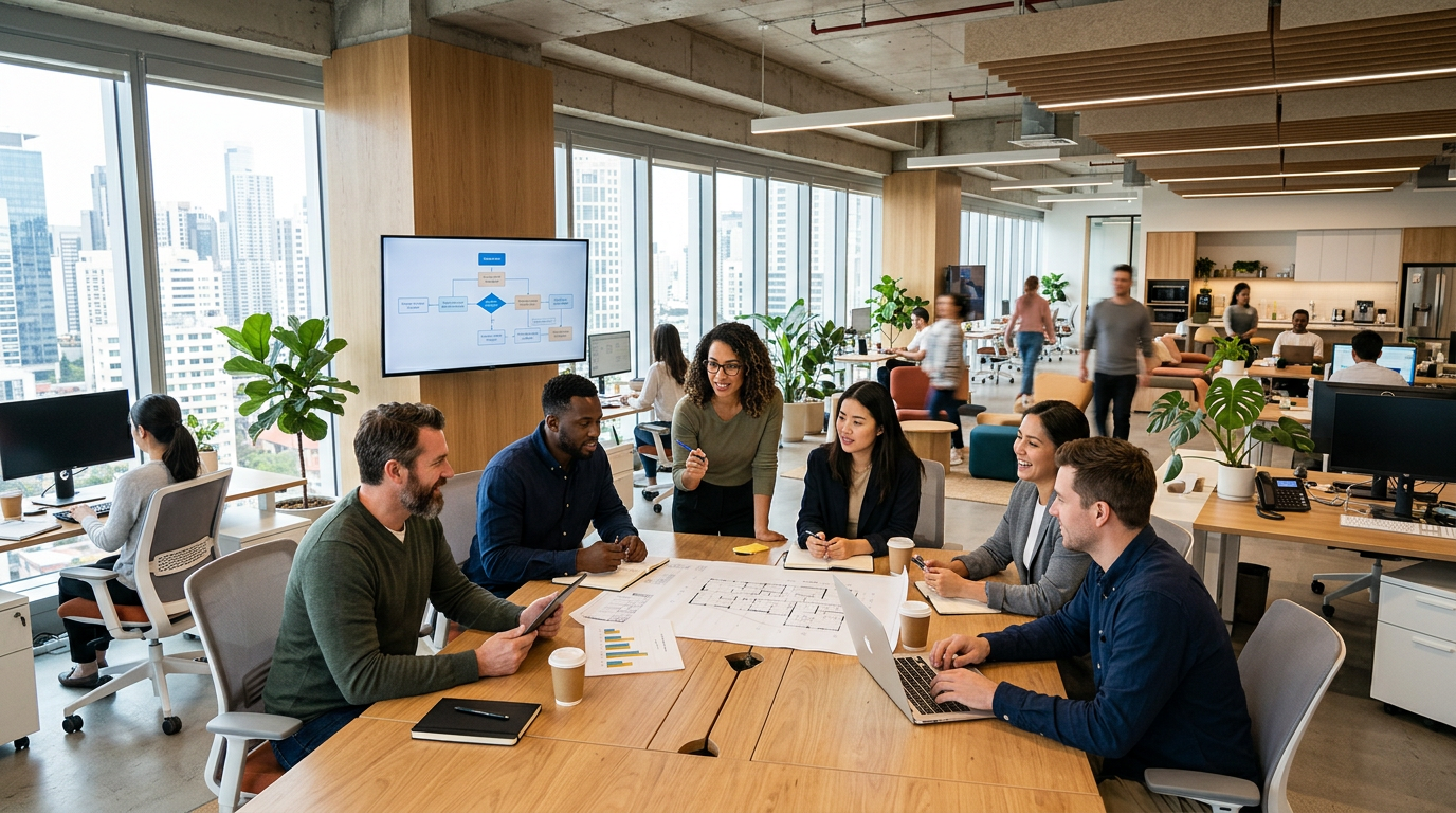 Team of six people discussing plans and data around a conference table in an office