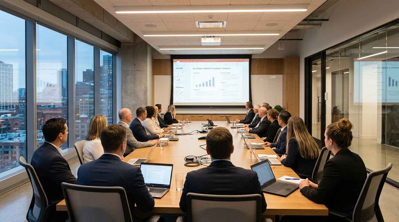 Business professionals looking at strategy and market growth presentation in conference room