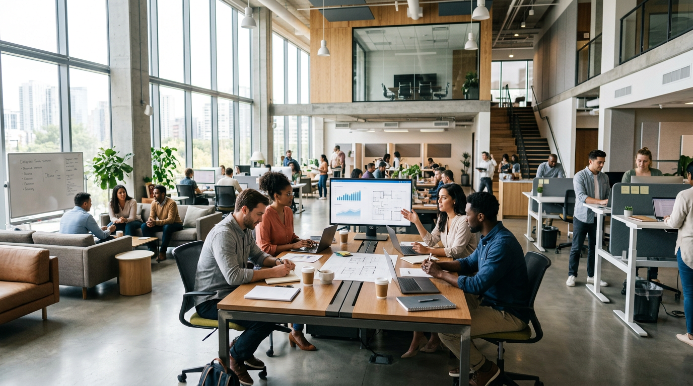 Team of coworkers working and discussing projects in a modern office