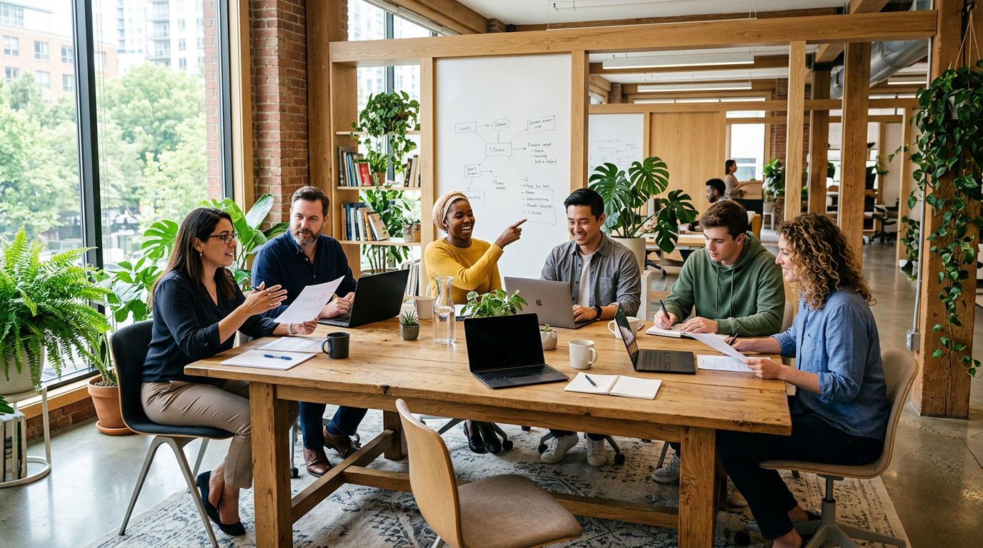 Six coworkers discussing and using laptops around a large table in a modern office