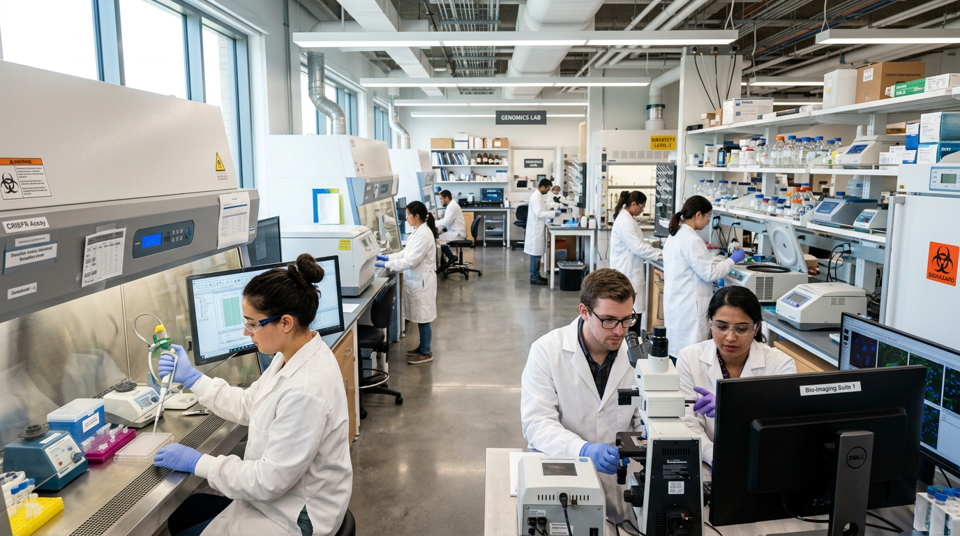 Scientists in lab coats working with microscopes, computers, and lab equipment in a genomics lab