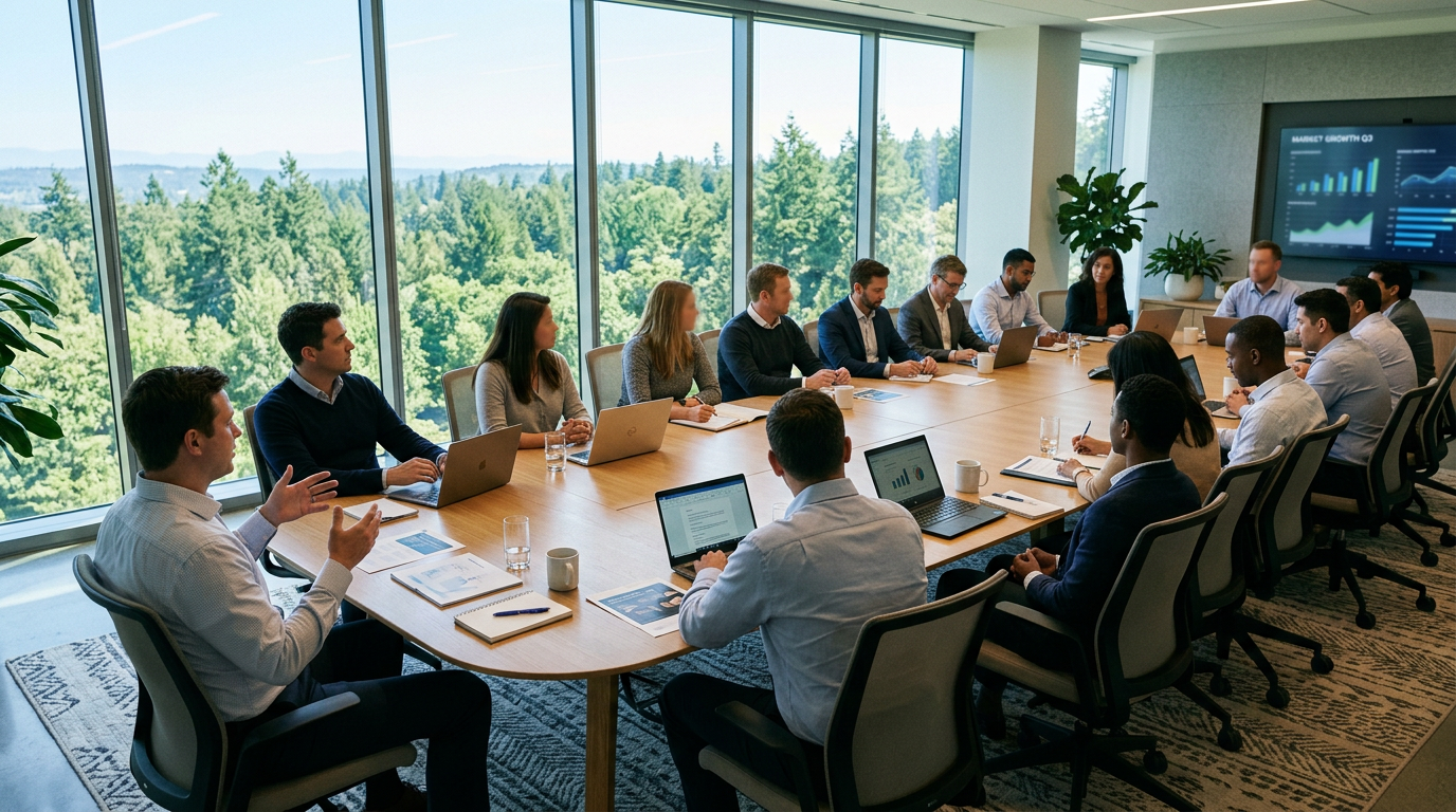 Team of professionals in a conference room with laptops and market growth charts