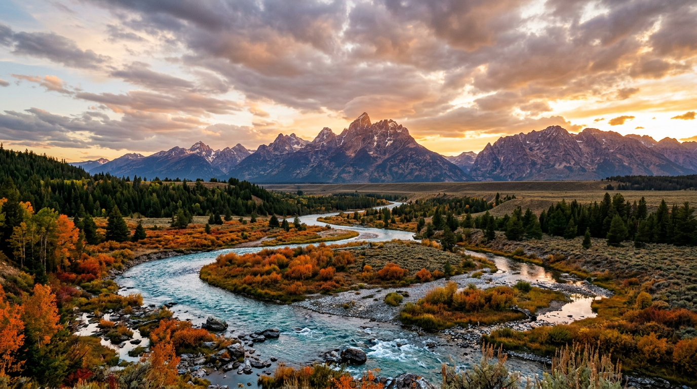 Winding river through autumn trees with mountains in background at sunset