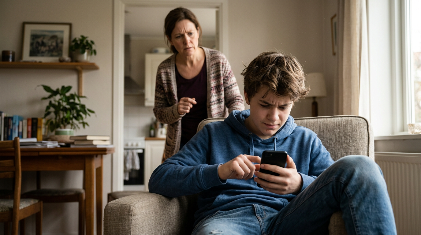 Teen boy focused on phone with concerned woman standing behind him