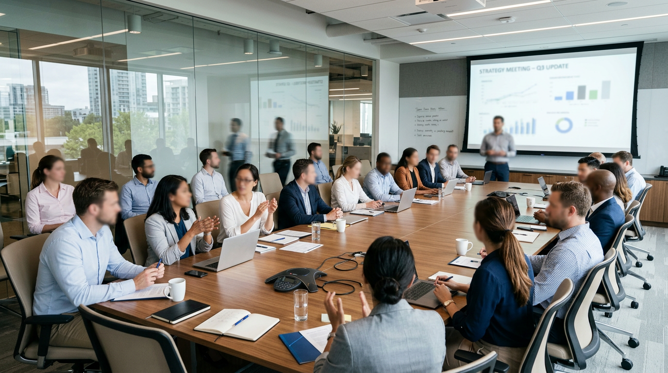 Business professionals attending a strategy meeting in a conference room with charts on a projector