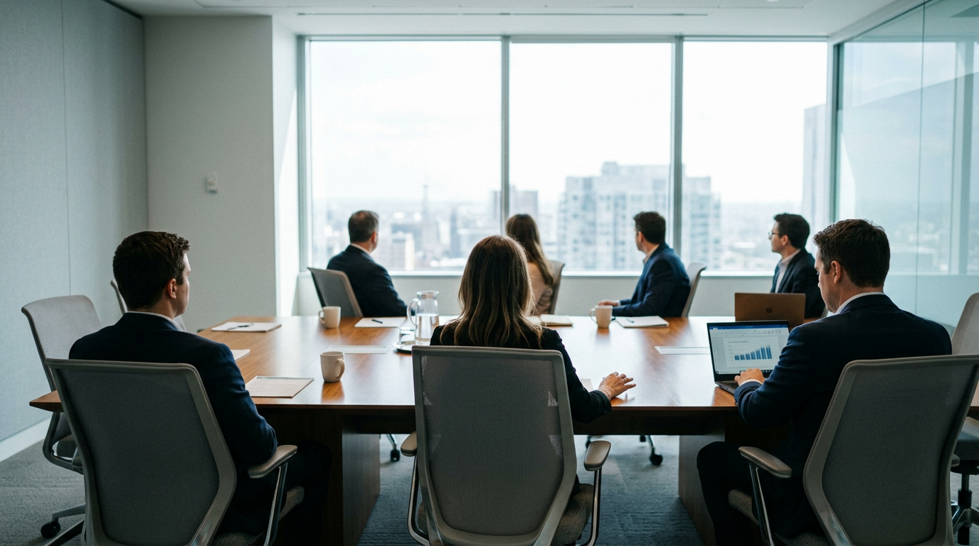 Business professionals seated around a conference table facing large windows overlooking a cityscape