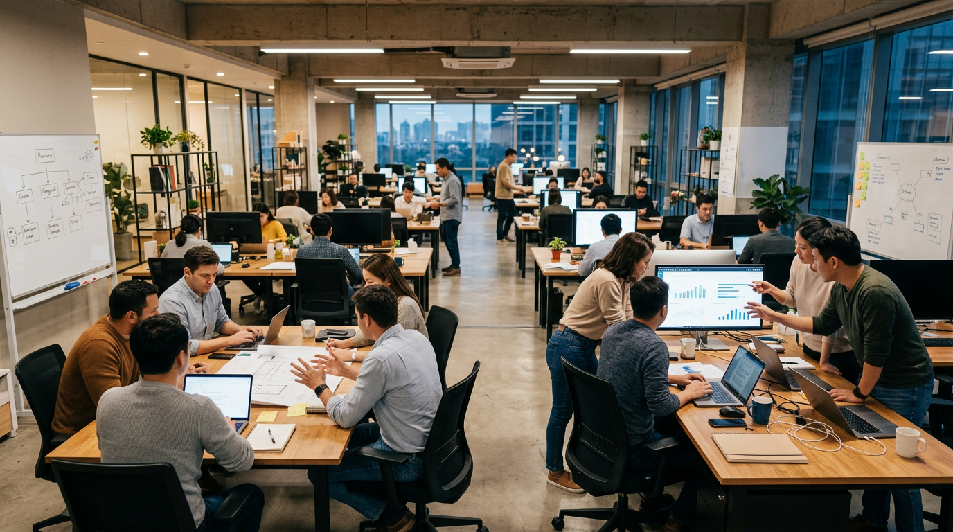 Multiple groups working together at desks in a large open office space with computers and charts