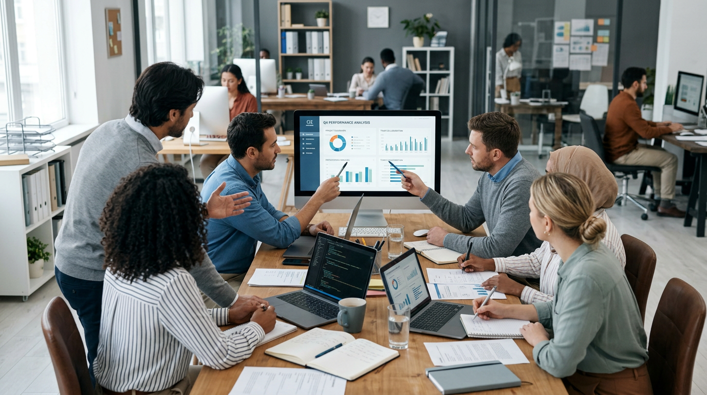 Team discussing QA performance analysis charts on a computer monitor