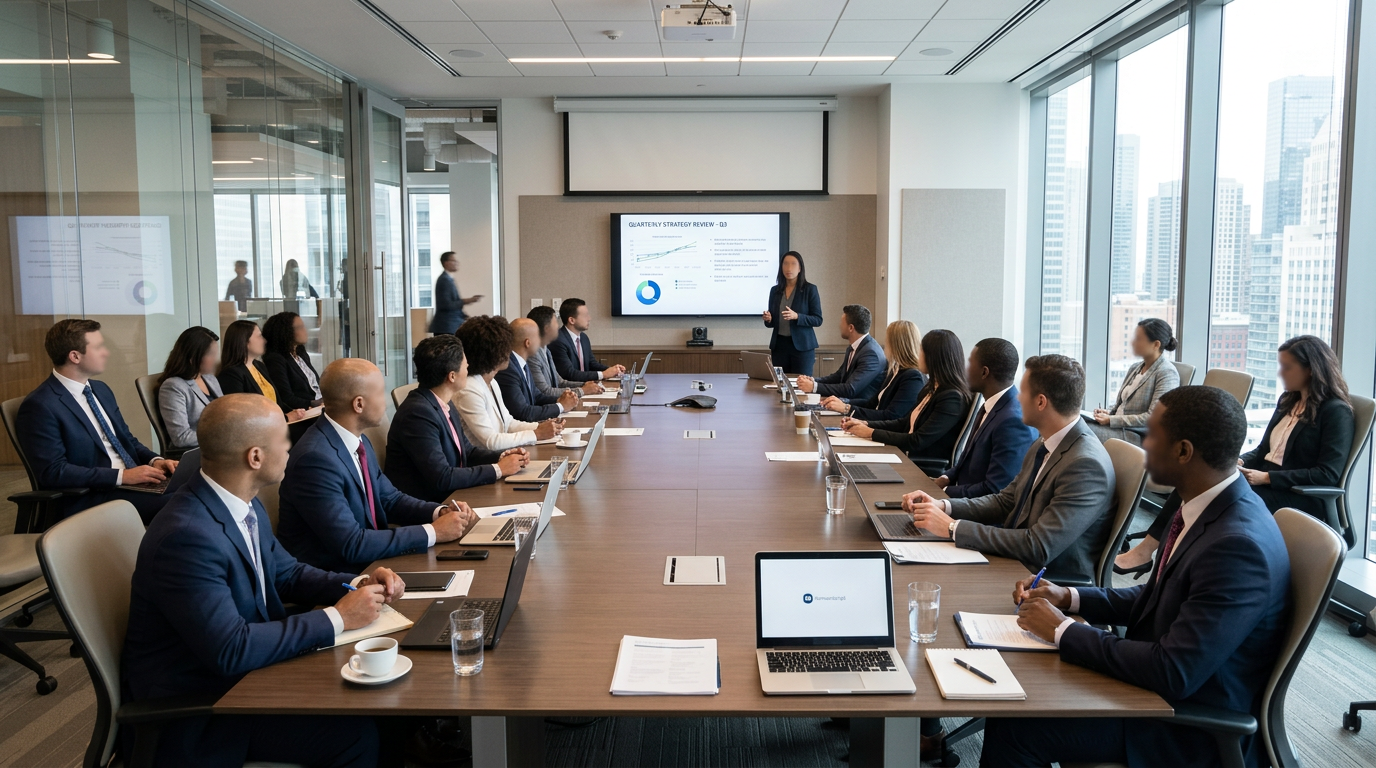 Business professionals sitting around a conference table with a presenter and a screen showing charts