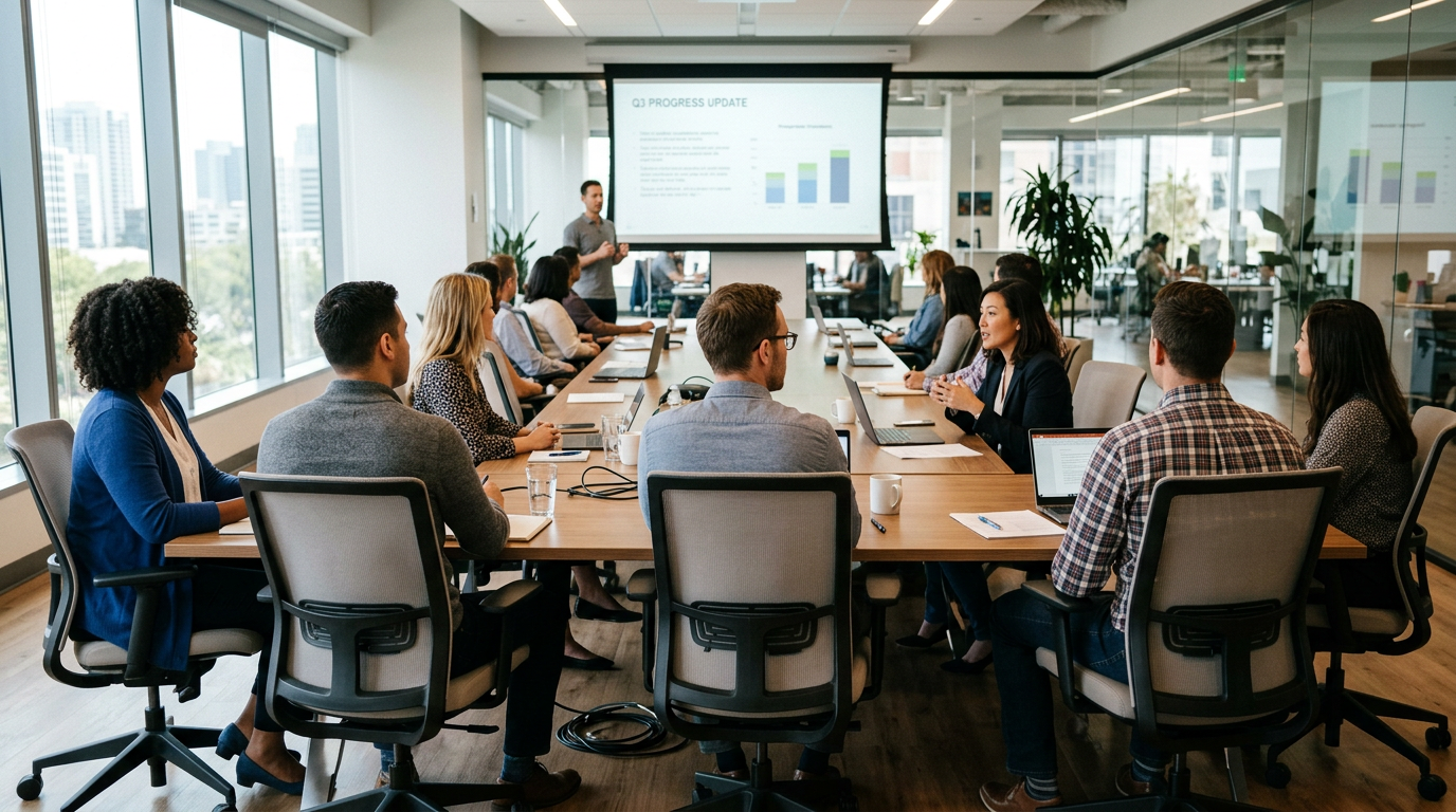 Team of professionals attending a Q3 progress update presentation in a glass-walled conference room