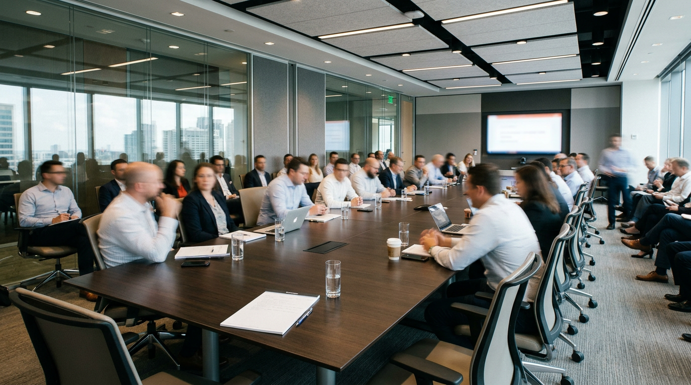 Corporate professionals meeting in a glass-walled conference room around a long table