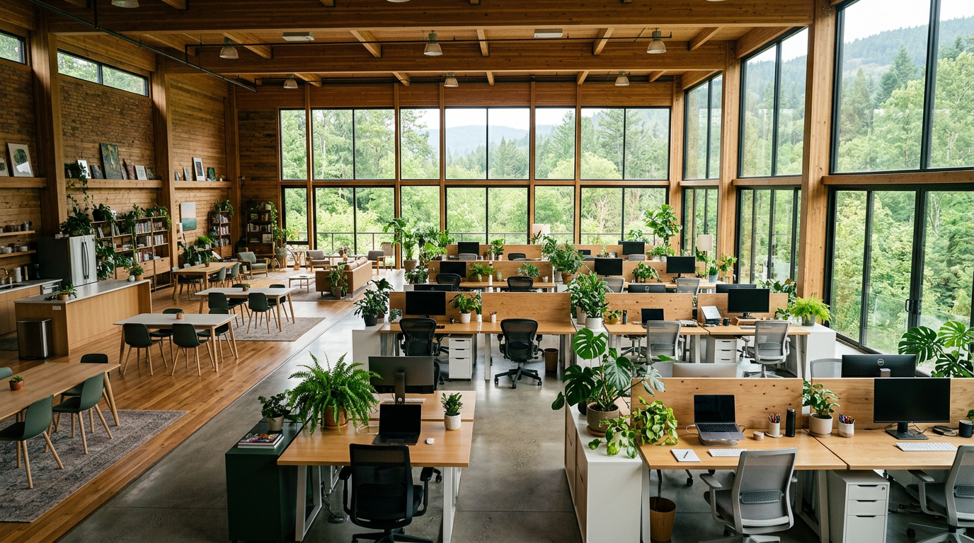 Open office with desks, chairs, computers, and numerous green plants under large floor-to-ceiling windows