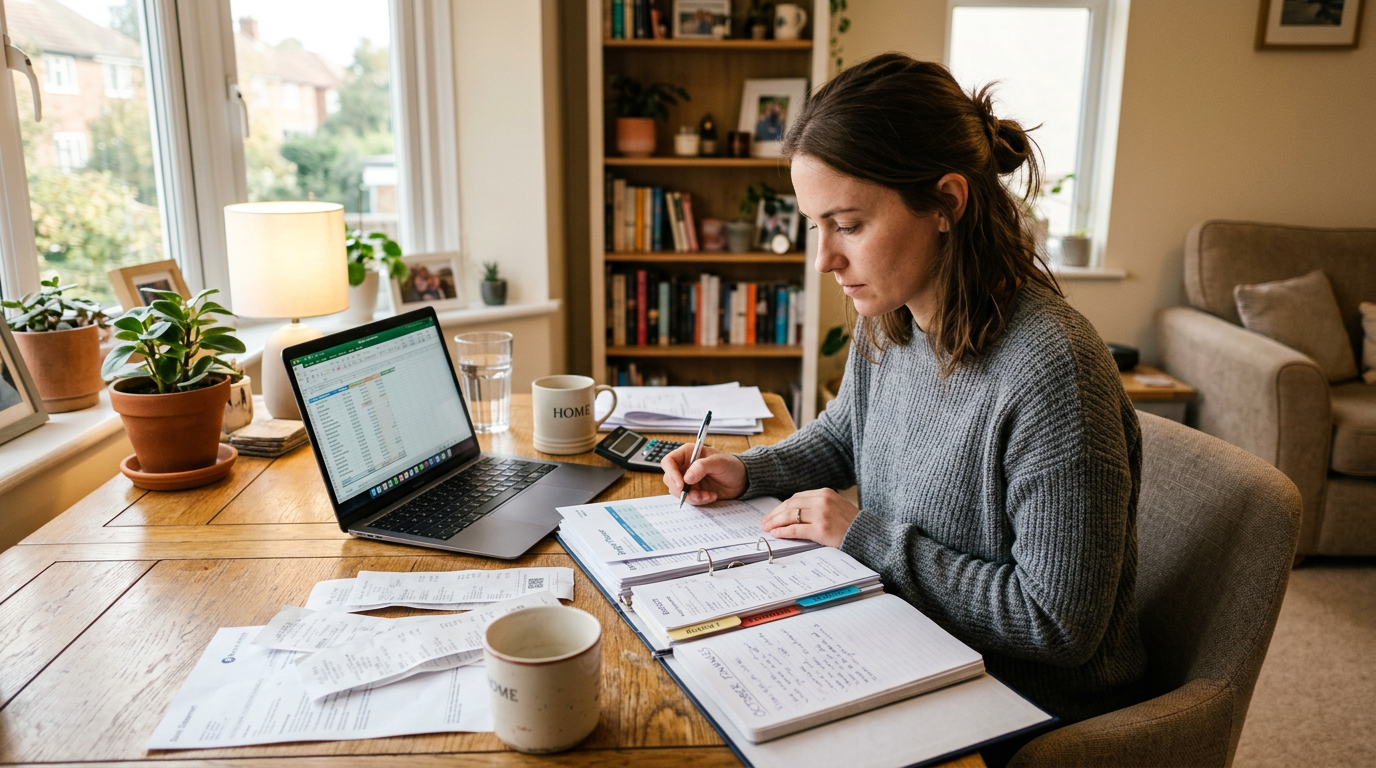 Woman working on personal finances with laptop, receipts, and notes