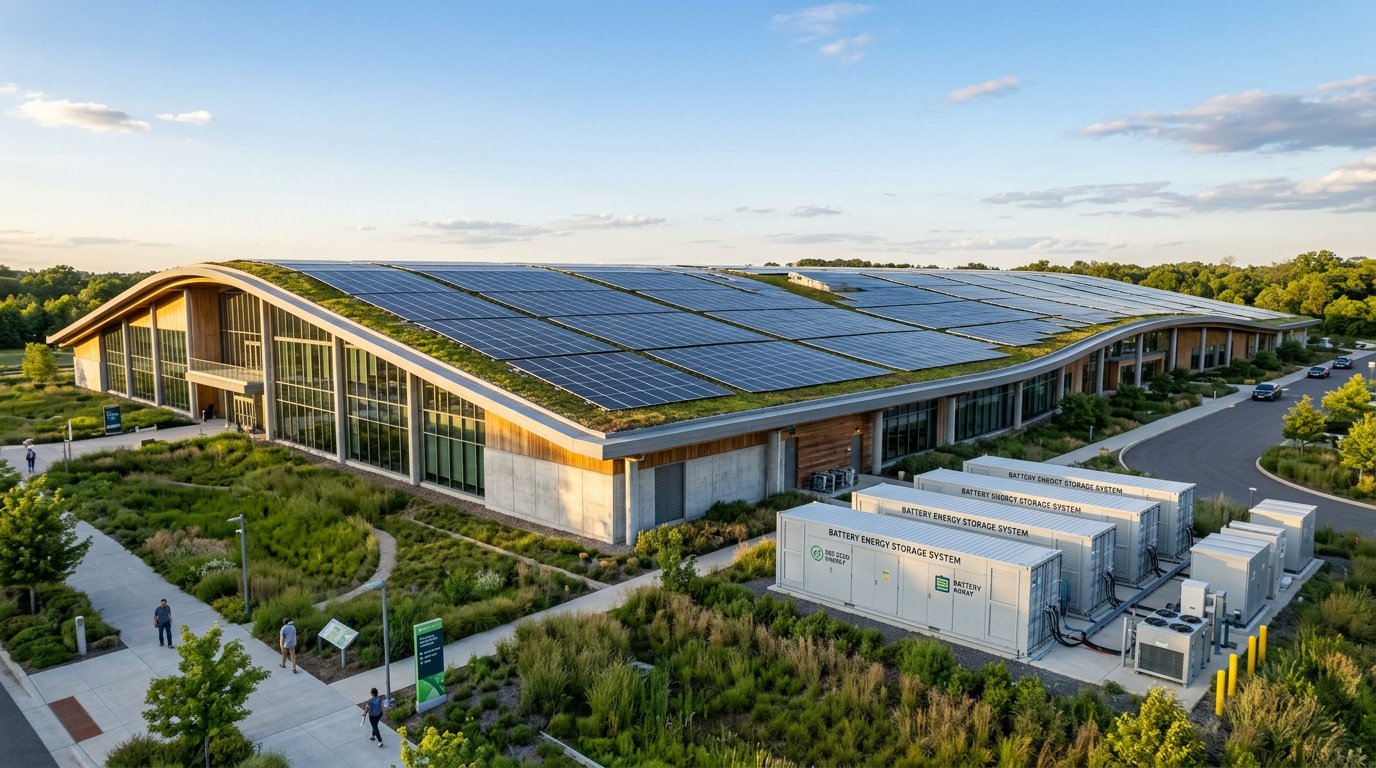 Building with curved roof covered in solar panels and adjacent battery energy storage units