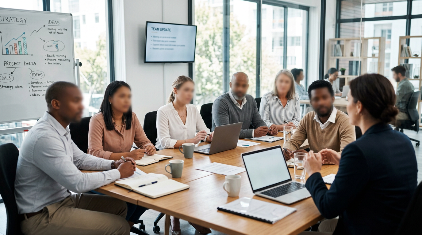 Group of professionals having a business meeting around a table with laptops and notebooks
