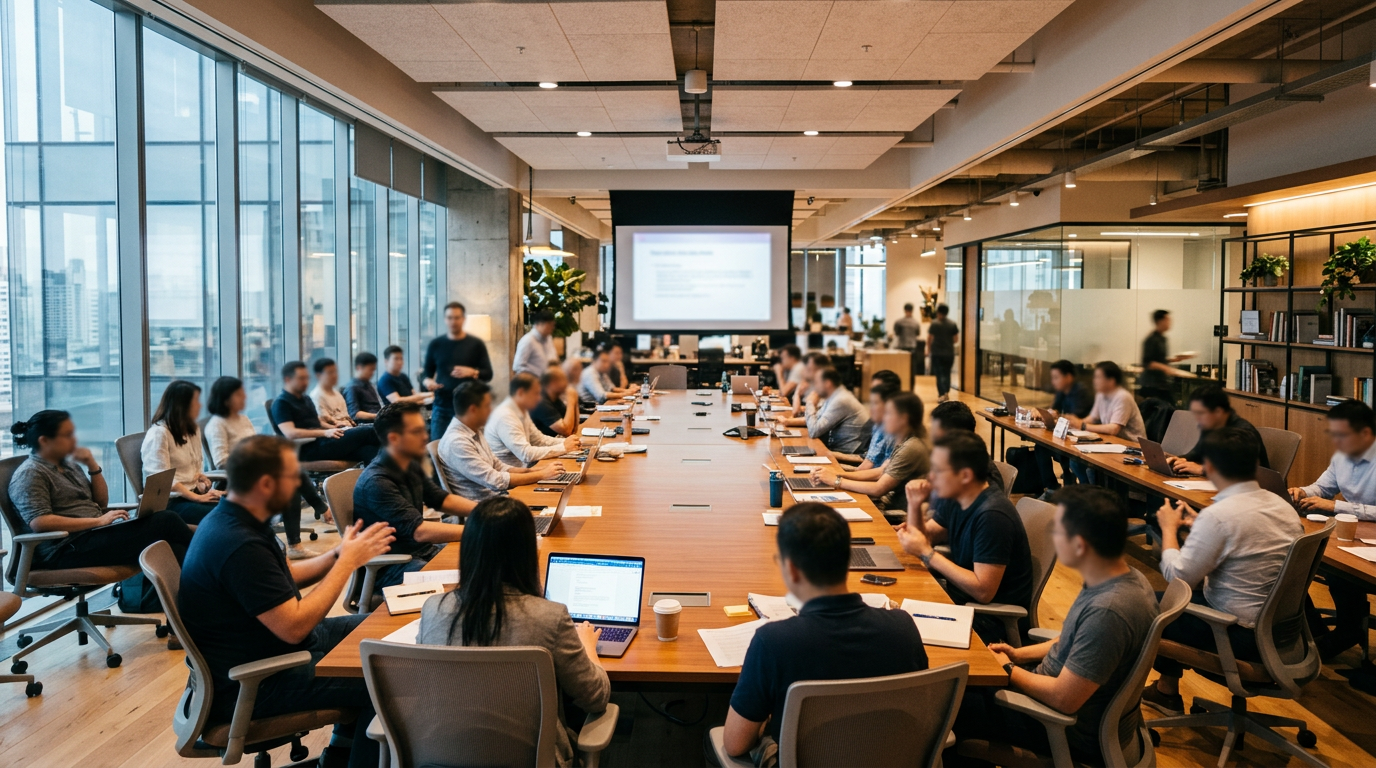 Large group of professionals sitting at conference table with laptops and documents, viewing a presentation screen