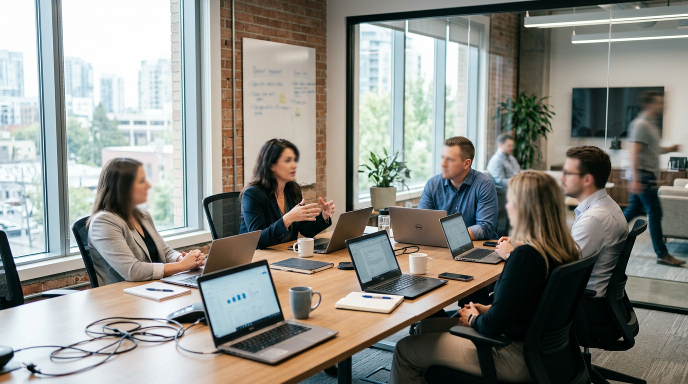 Six business professionals having a meeting around a conference table with laptops in a modern office