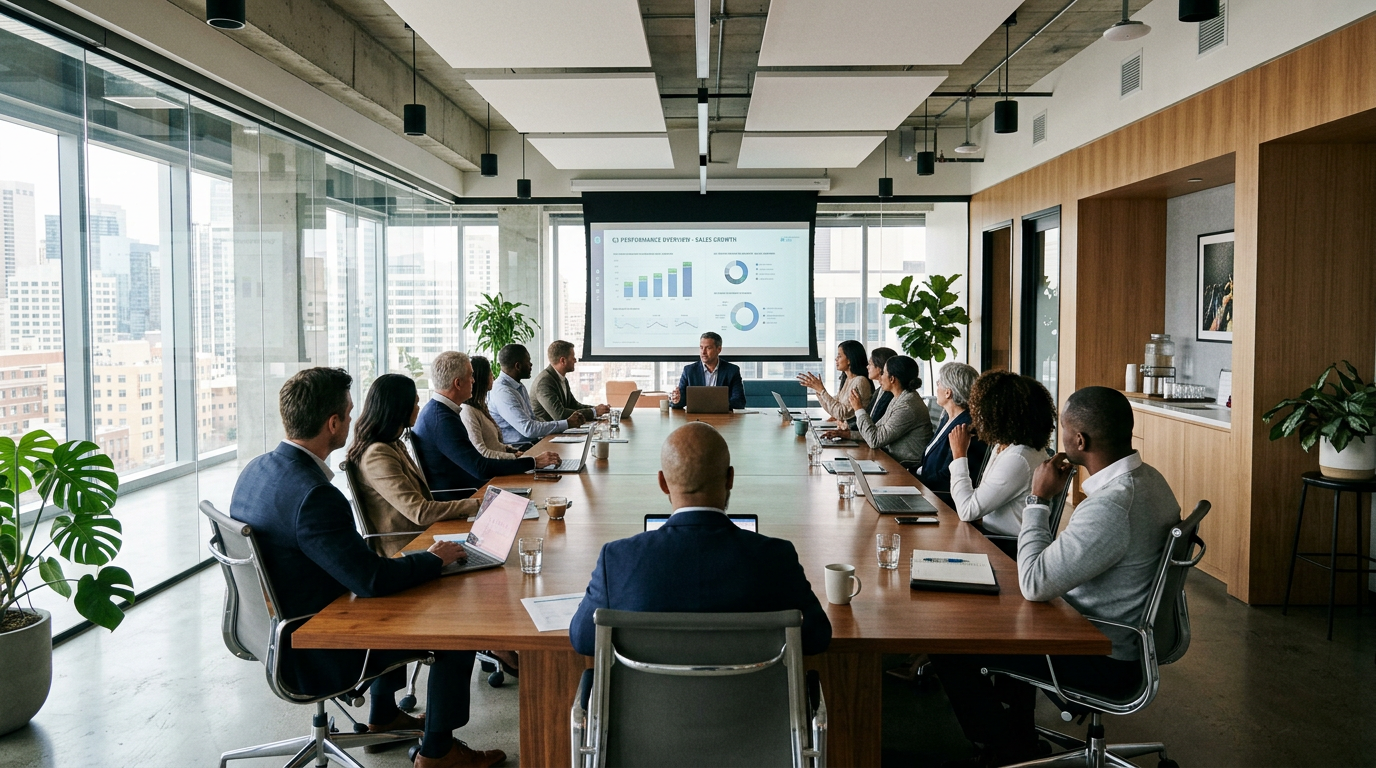 Team meeting in a modern office with presentation on sales growth charts