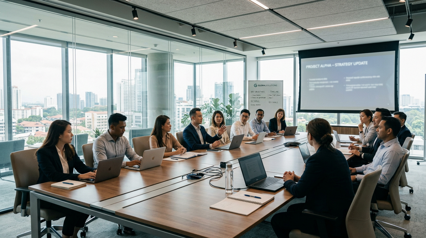 Business professionals in a meeting room with laptops discussing strategy update