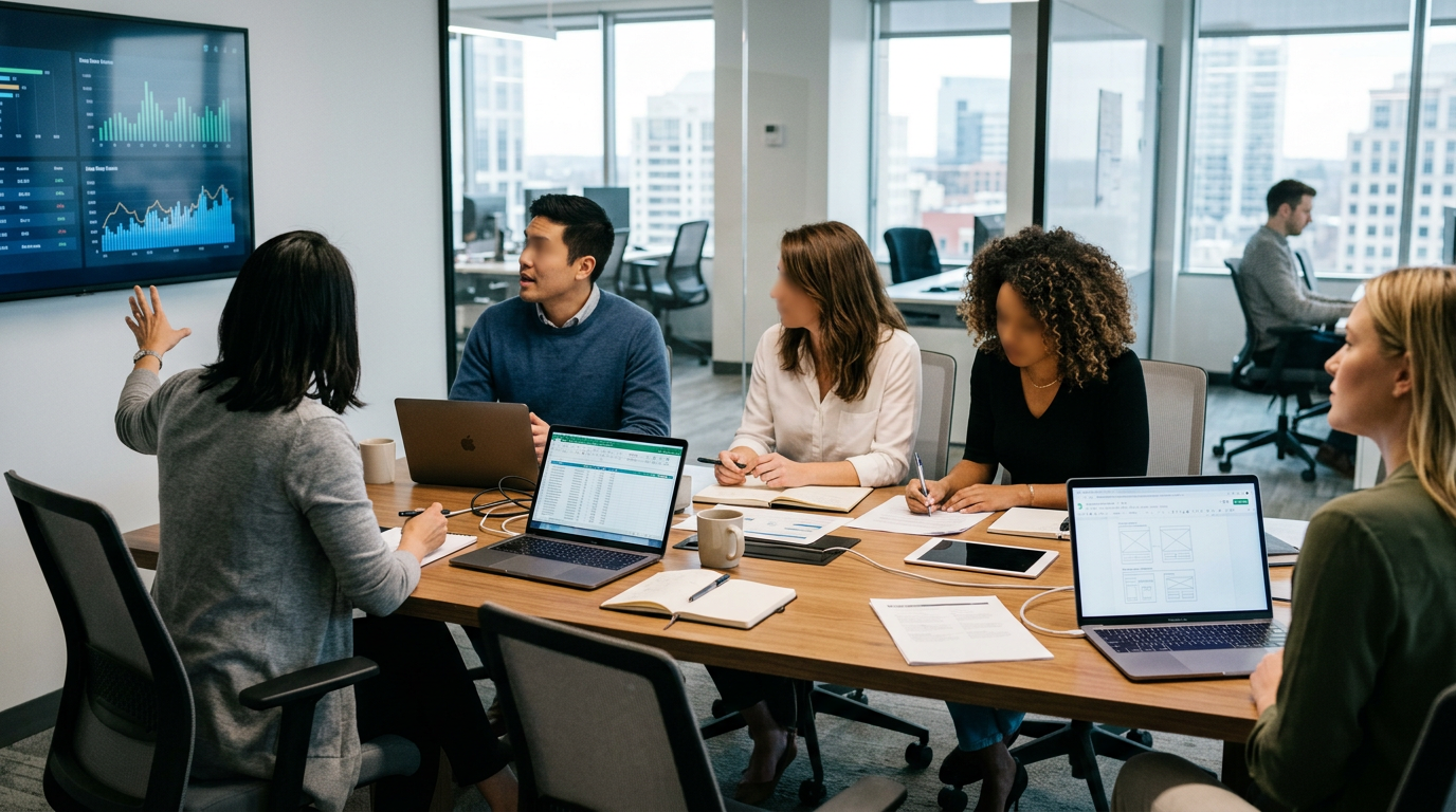 Five colleagues in a meeting room with laptops, notebooks, and a screen displaying data charts