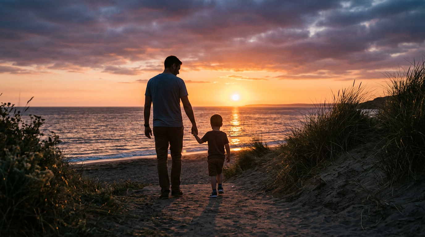 Father and young son holding hands walking on a sandy path toward the ocean during sunset
