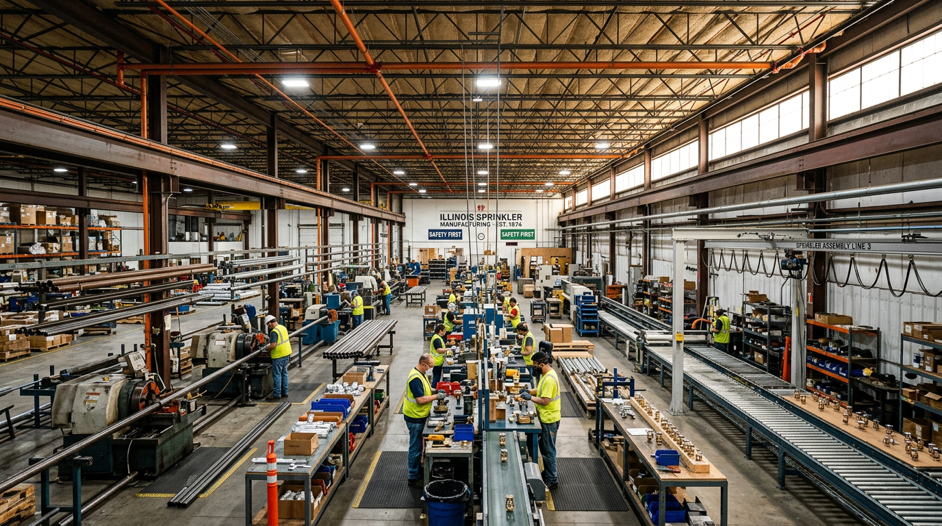 Workers assembling components on an industrial assembly line in a large factory