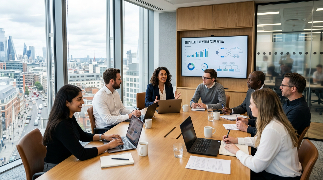 Team meeting in office discussing strategic growth and Q3 preview charts