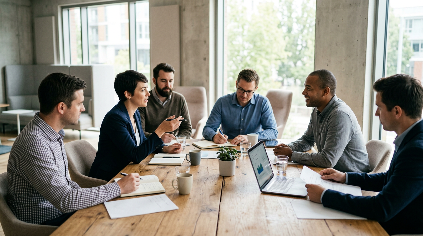 Six coworkers in conversation at a conference table with notebooks, papers, and a laptop