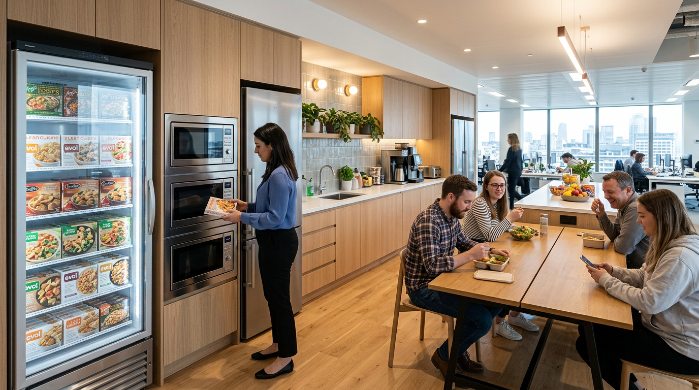 Office kitchen with woman selecting frozen meal and four colleagues eating at a wooden table