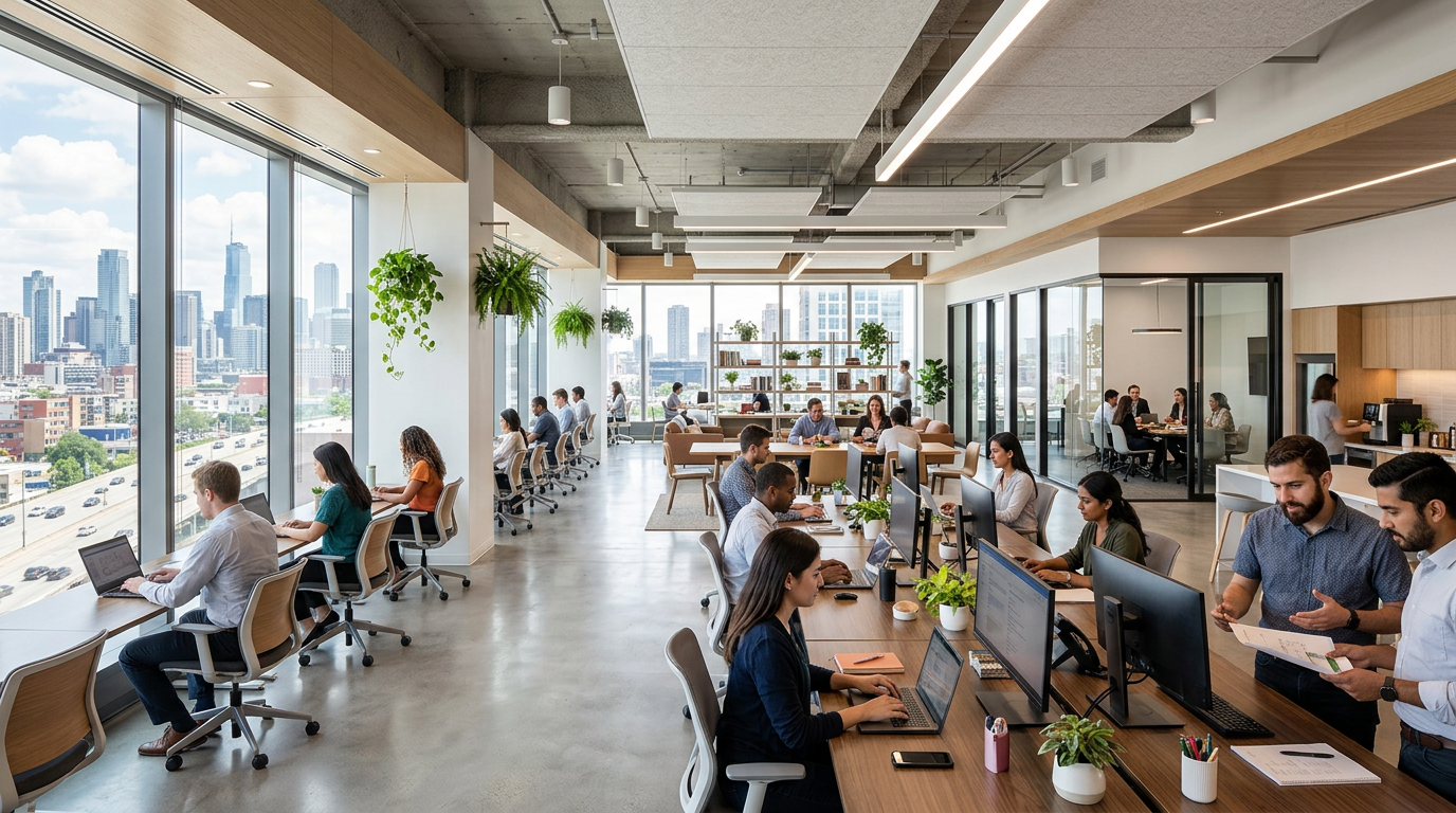 Open-plan office with people working at desks and a city skyline through windows