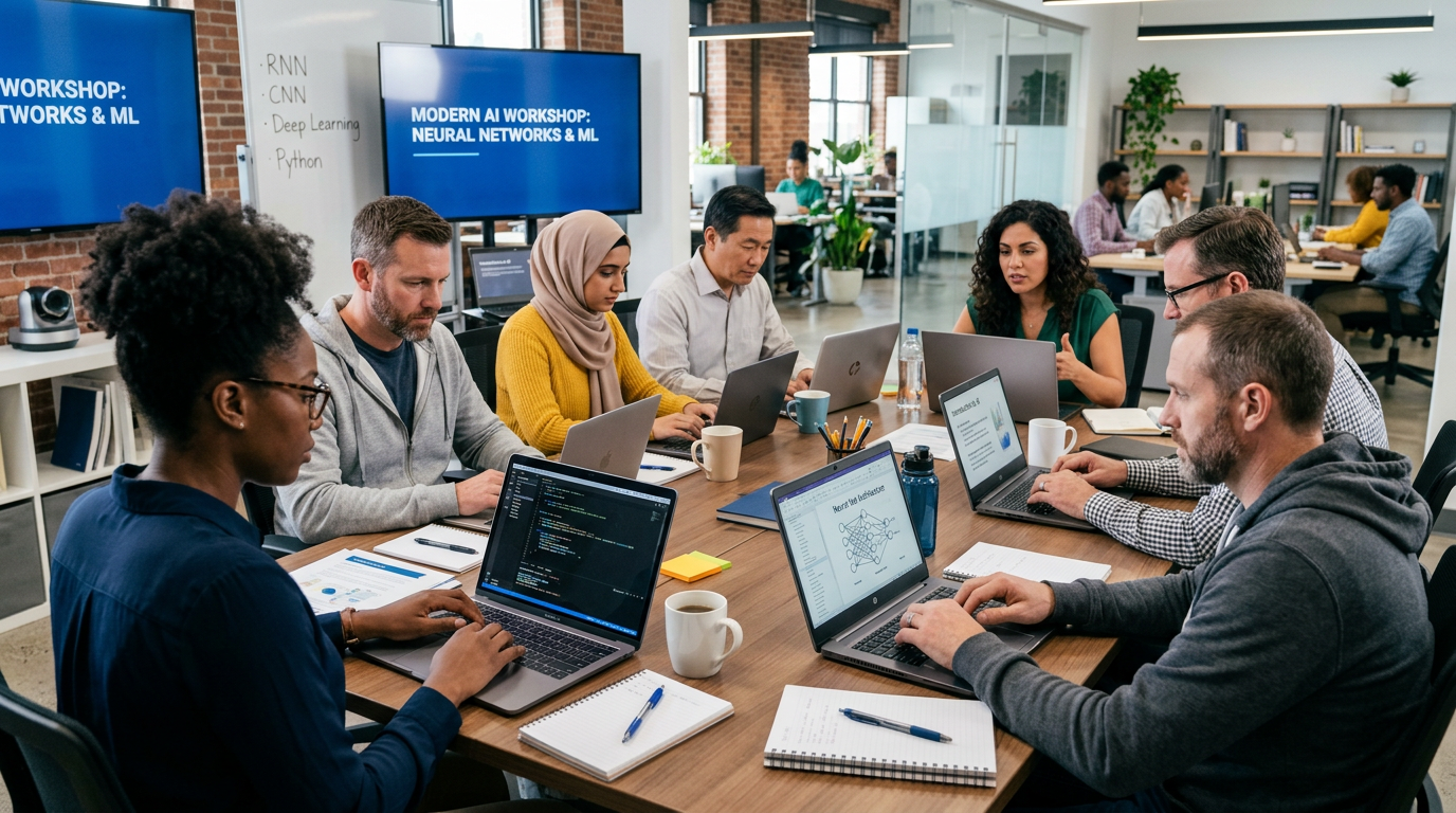 Team working on laptops in AI neural networks workshop