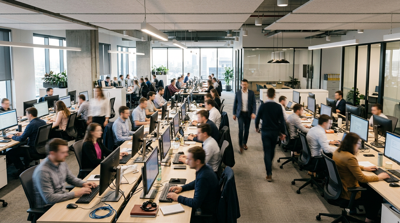 Open-plan office with many employees working at computers