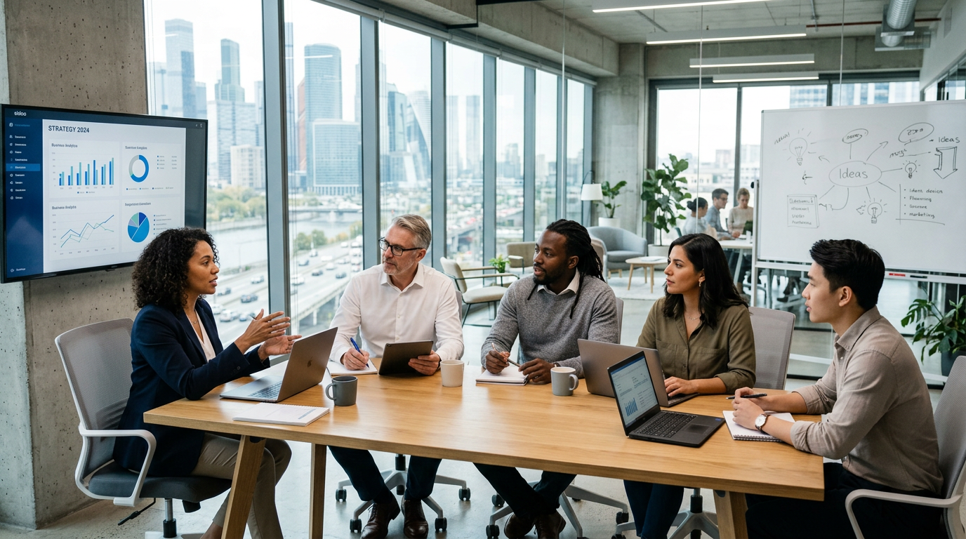 Five professionals having a meeting around a table with charts and graphs on a screen