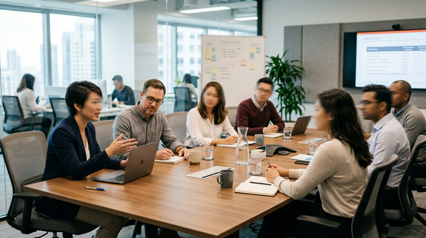 Business team engaged in a discussion around a conference table with laptops and notes