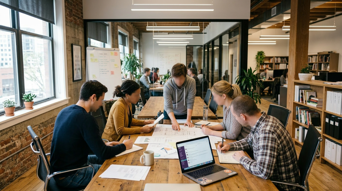 Five people gathered around a table reviewing architectural blueprints and notes.