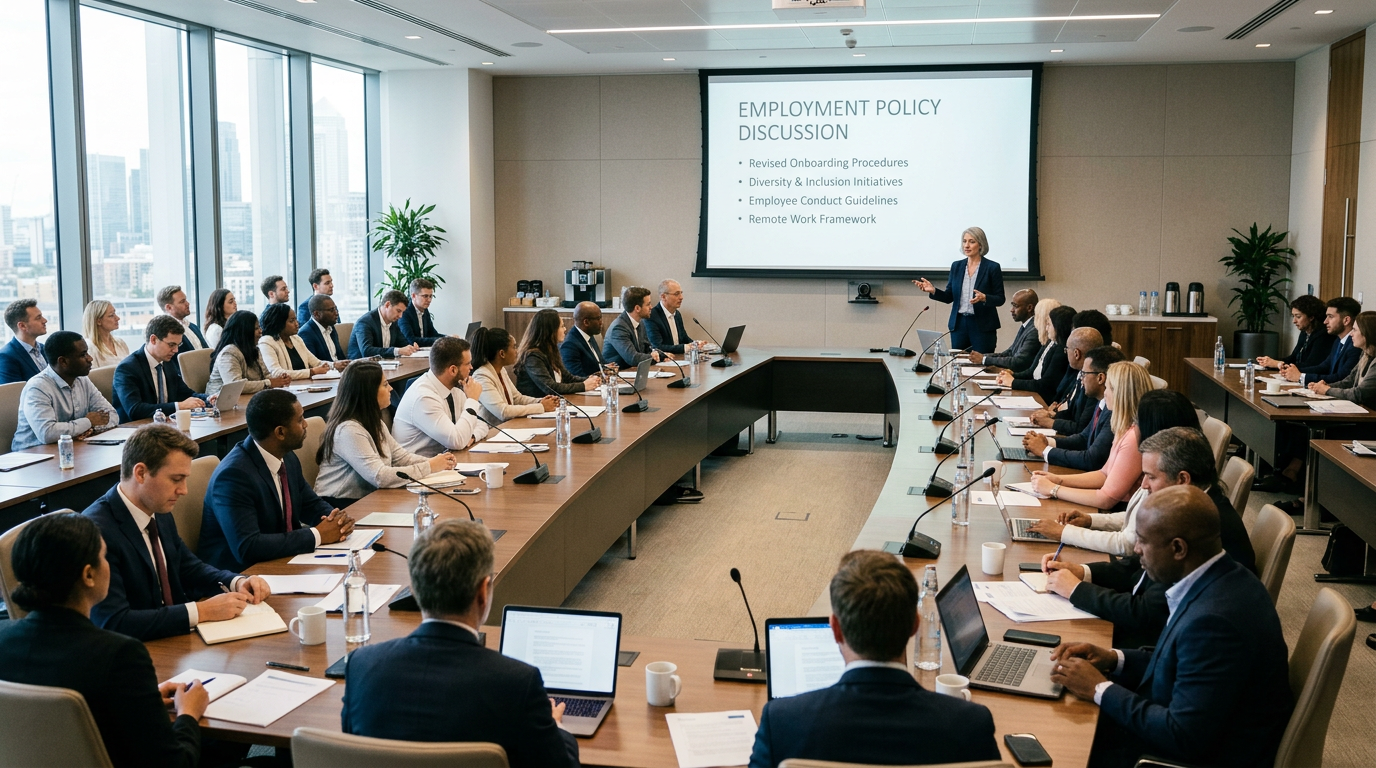 Business professionals in a conference room attending an employment policy presentation