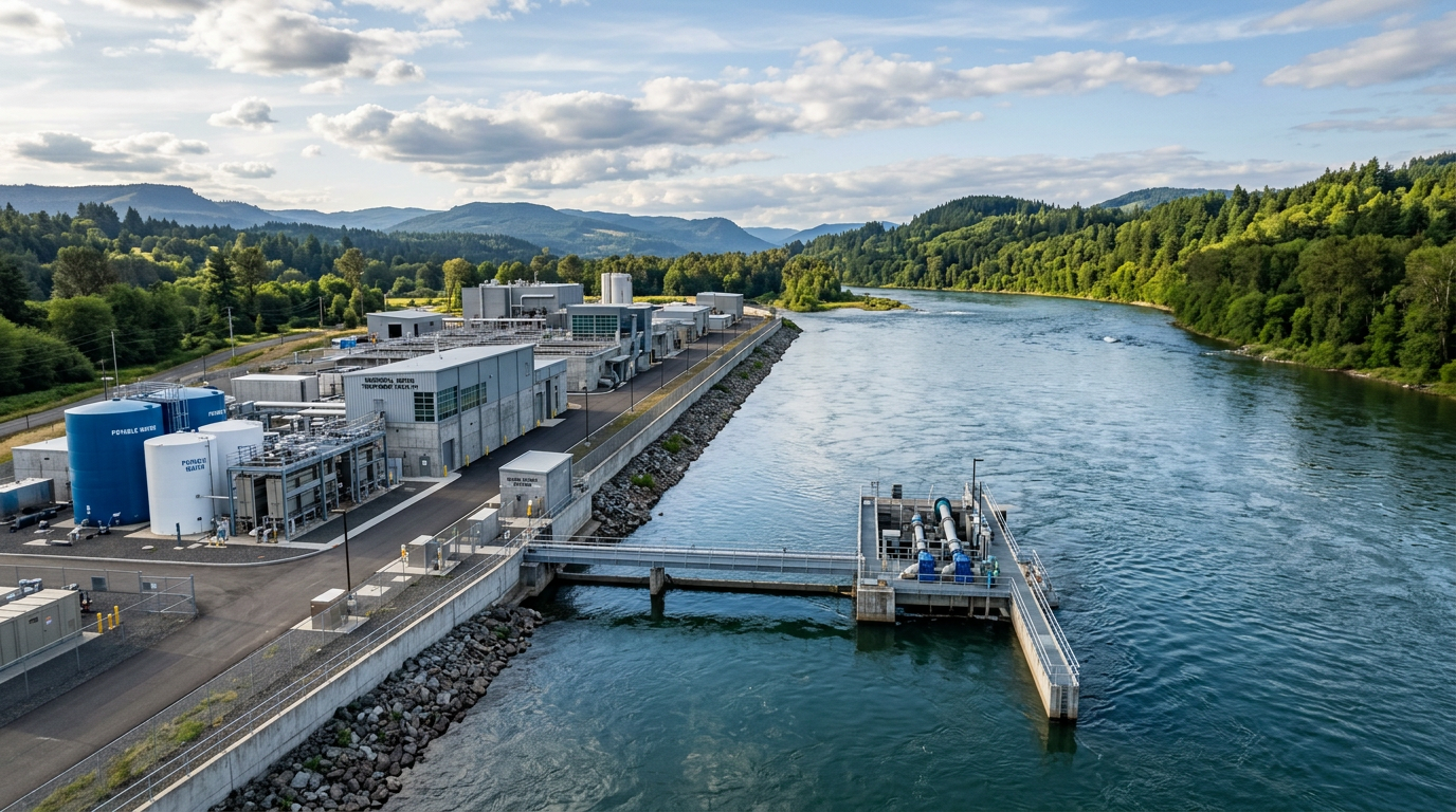 Water treatment facility with tanks and buildings next to a river and green hills